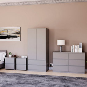 Vida Designs Denver 4 Piece Bedroom Set - (2 Drawer Large Bedside Chest x2, 6 Drawer Chest, 2 Door 2 Drawer Wardrobe), Grey