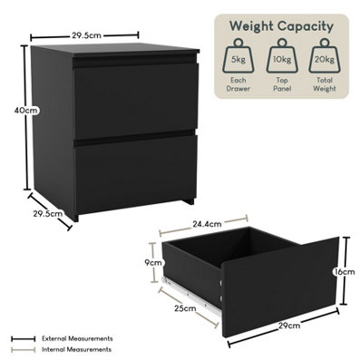 Vida Designs Denver Black 2 Drawer Bedside Chest (H)400mm (W)295mm (D)295mm