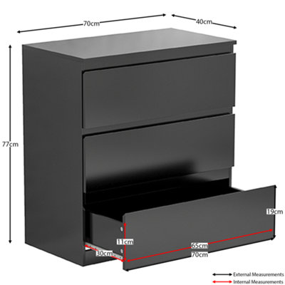 Vida Designs Denver Black 3 Drawer Chest (H)775mm (W)700mm