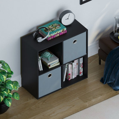 Vida Designs Durham Black 2x2 Cube Storage Unit & Set of 2 Grey Cube Foldable Storage Baskets