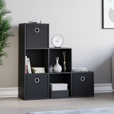 Vida Designs Durham Black 6 Cube Staircase Storage Unit & Set of 3 Black Foldable Cube Storage Baskets