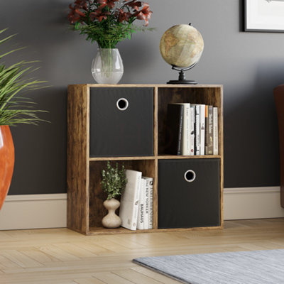 Vida Designs Durham Dark Wood 2x2 Cube Storage Unit & Set of 2 Black Foldable Cube Storage Baskets