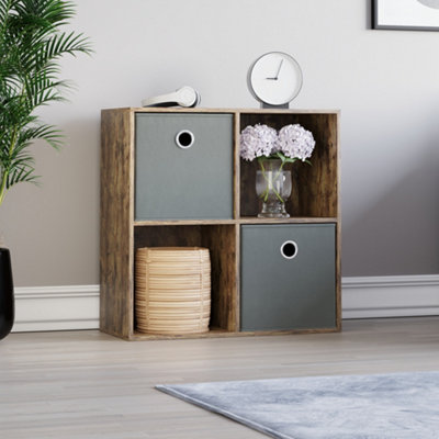 Vida Designs Durham Dark Wood 2x2 Cube Storage Unit & Set of 2 Grey Foldable Cube Storage Baskets