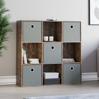 Vida Designs Durham Dark Wood 3x3 Cube Storage Unit & Set of 5 Grey Foldable Cube Storage Baskets