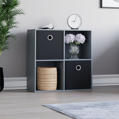 Vida Designs Durham Grey 2x2 Cube Storage Unit & Set of 2 Black Foldable Cube Storage Baskets
