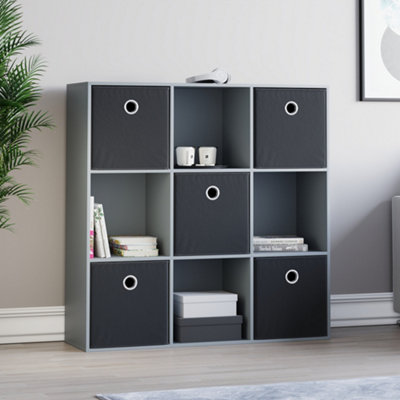 Vida Designs Durham Grey 3x3 Cube Storage & Set of 5 Black Foldable Cube Storage Baskets