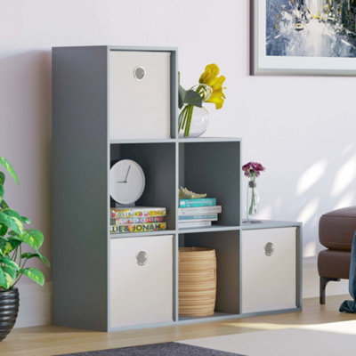 Vida Designs Durham Grey 6 Cube Staircase Storage Unit & Set of 3 White Cube Foldable Storage Baskets