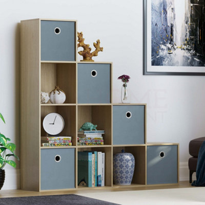 Vida Designs Durham Oak 10 Cube Staircase Storage Unit & Set of 5 Grey Cube Foldable Storage Baskets
