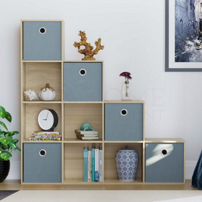 Vida Designs Durham Oak 10 Cube Staircase Storage Unit & Set of 5 Grey Cube Foldable Storage Baskets