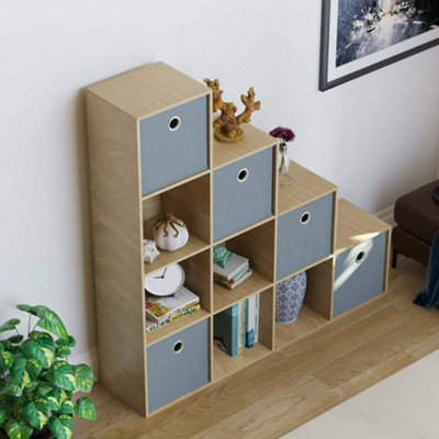 Vida Designs Durham Oak 10 Cube Staircase Storage Unit & Set of 5 Grey Cube Foldable Storage Baskets