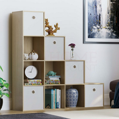 Vida Designs Durham Oak 10 Cube Staircase Storage Unit & Set of 5 White Cube Foldable Storage Baskets