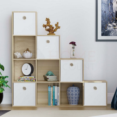 Vida Designs Durham Oak 10 Cube Staircase Storage Unit & Set of 5 White Cube Foldable Storage Baskets