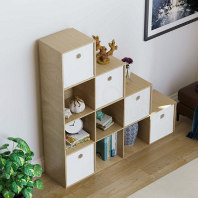 Vida Designs Durham Oak 10 Cube Staircase Storage Unit & Set of 5 White Cube Foldable Storage Baskets