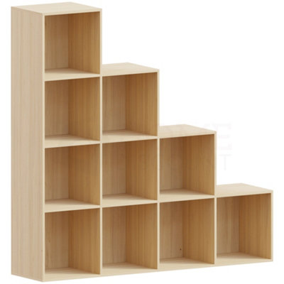 Vida Designs Durham Oak 10 Cube Staircase Storage Unit & Set of 5 White Cube Foldable Storage Baskets