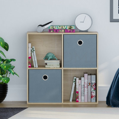 Vida Designs Durham Oak 2x2 Cube Storage Unit & Set of 2 Grey Cube Foldable Storage Baskets
