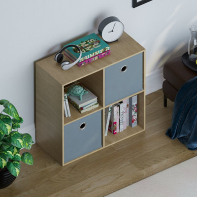 Vida Designs Durham Oak 2x2 Cube Storage Unit & Set of 2 Grey Cube Foldable Storage Baskets