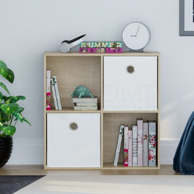 Vida Designs Durham Oak 2x2 Cube Storage Unit & Set of 2 White Cube Foldable Storage Baskets