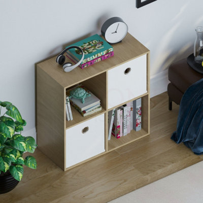 Vida Designs Durham Oak 2x2 Cube Storage Unit & Set of 2 White Cube Foldable Storage Baskets