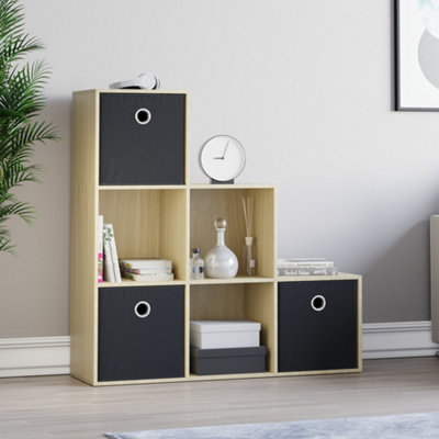 Vida Designs Durham Oak 6 Cube Staircase Storage Unit & Set of 3 Black Foldable Cube Storage Baskets