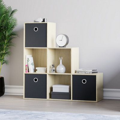 Vida Designs Durham Oak 6 Cube Staircase Storage Unit & Set of 3 Black ...