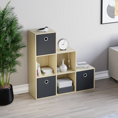 Vida Designs Durham Oak 6 Cube Staircase Storage Unit & Set of 3 Black ...