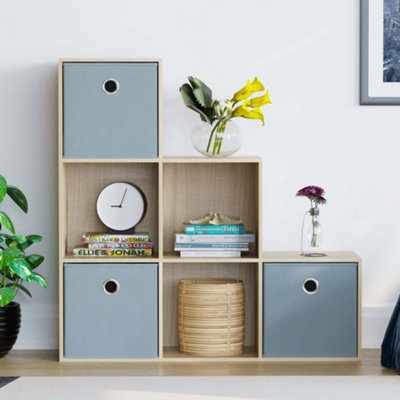 Vida Designs Durham Oak 6 Cube Staircase Storage Unit & Set of 3 Grey ...