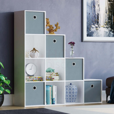 Vida Designs Durham White 10 Cube Staircase Storage Unit & Set of 5 Grey Cube Foldable Storage Baskets