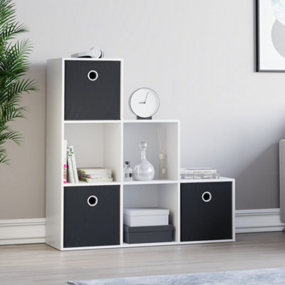 Vida Designs Durham White 6 Cube Staircase Storage Unit & Set of 3 Black Foldable Cube Storage Baskets