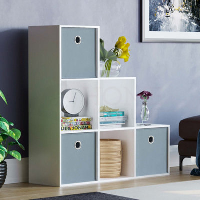Vida Designs Durham White 6 Cube Staircase Storage Unit & Set of 3 Grey Cube Foldable Storage Baskets
