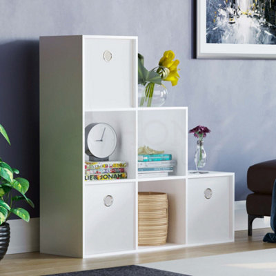 Vida Designs Durham White 6 Cube Staircase Storage Unit & Set of 3 White Cube Foldable Storage Baskets