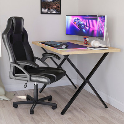 Vida Designs Gaming Desk With X Shape Legs, Oak