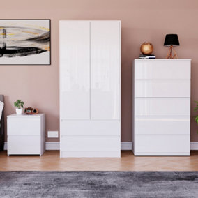 Vida Designs Glinton 3 Piece White FSC Bedroom Set - (5 Drawer Chest, 2 Door Wardrobe, 2 Drawer Bedside Chest)