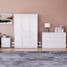 Vida Designs Glinton 3 Piece White FSC Bedroom Set - (6 Drawer Chest, 3 Door Wardrobe, 2 Drawer Bedside Chest)