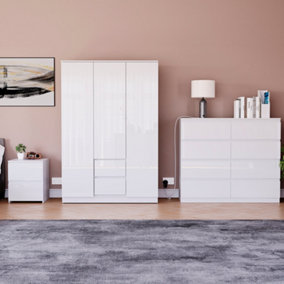 Vida Designs Glinton 3 Piece White FSC Bedroom Set - (8 Drawer Chest, 3 Door Wardrobe, 2 Drawer Bedside Chest)