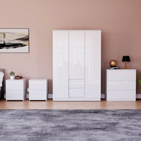 Vida Designs Glinton 4 Piece White FSC Bedroom Set - (3 Drawer Chest, 3 Door Wardrobe, 2 Drawer Bedside Chest x2)