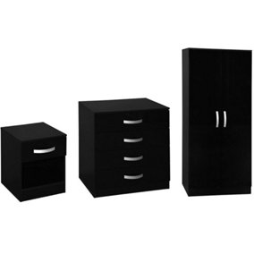 Vida Designs Hulio Black Trio Bedroom Furniture Set  - Bedside Table, Drawer Chest, Wardrobe