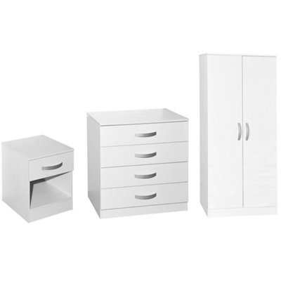 Vida Designs Hulio White Trio Bedroom Furniture Set  - Bedside Table, Drawer Chest, Wardrobe