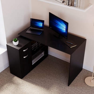 Vida Designs Longton Black Adjustable L-Shaped Computer Desk with Shelves, Drawer and Door