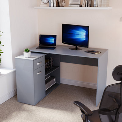 Grey l shaped desk store with drawers