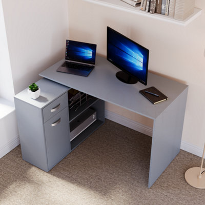Vida Designs Longton Grey Adjustable L-Shaped Computer Desk with Shelves, Drawer and Door