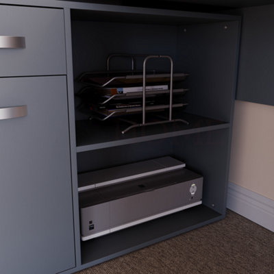 Vida Designs Longton Grey Adjustable L-Shaped Computer Desk with Shelves, Drawer and Door