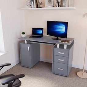 Vida Designs Otley Grey 3 Drawer Computer Desk With Shelves and Keyboard Tray