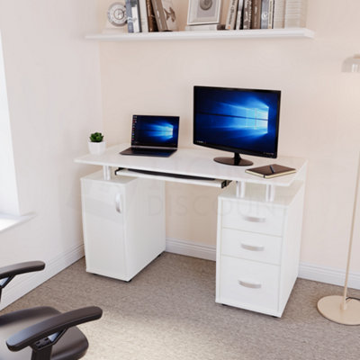 White computer desk with store drawers and shelves