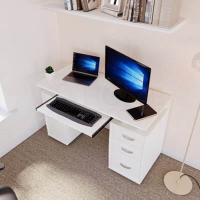 Vida Designs Otley White 3 Drawer Computer Desk With Shelves and Keyboard Tray