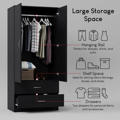 Vida Designs Riano 2 Door 2 Drawer Wardrobe Black