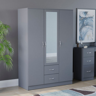 Vida Designs Riano 3 Door 2 Drawer Mirrored Wardrobe Grey