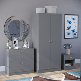 Vida Designs Riano Grey Trio Bedroom Furniture Set  - Bedside Table, Drawer Chest, Wardrobe