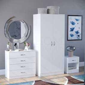 Vida Designs Riano White Trio Bedroom Furniture Set - Bedside Table, Drawer Chest, Wardrobe