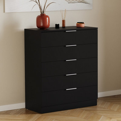 Vida Designs Trega Black 5 Drawer Chest Anti-Bowing Support & Stylish Black  Handles, (H)900mm