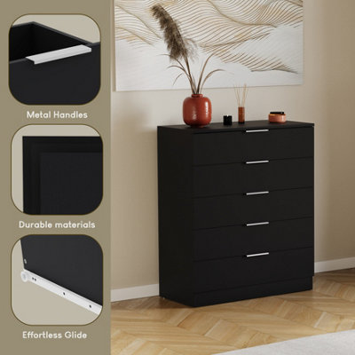 Vida Designs Trega Black 5 Drawer Chest Anti-Bowing Support & Stylish Black  Handles, (H)900mm